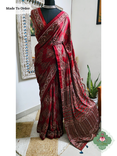 Zynah Made To Order Madder Red Ajrakh Modal Silk Saree With Hand Embellishments; Custom Stitched/Ready-made Blouse, Fall, Petticoat; SKU:1909202511