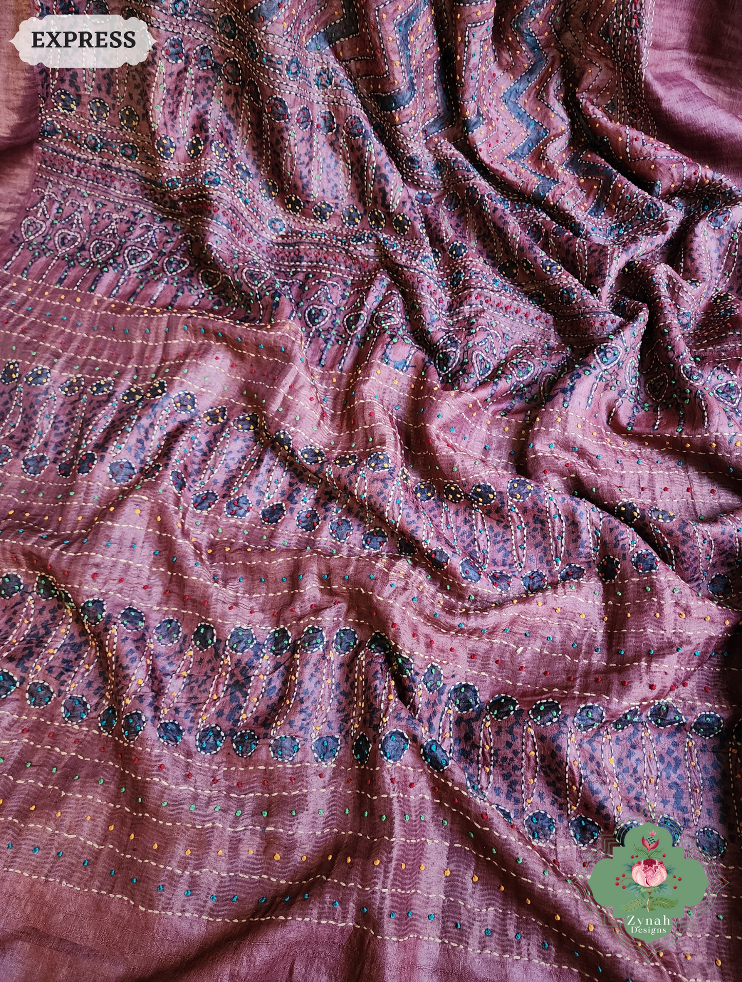 Zynah Madder Red Pure Tussar Silk Hand Block Print Ajrakh Saree With Hand Embroidery; Custom Stitched/Ready-made Blouse, Fall, Petticoat; SKU: 2409202511
