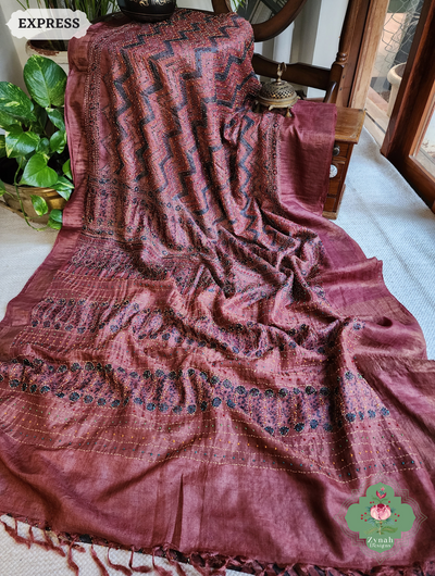 Zynah Madder Red Pure Tussar Silk Hand Block Print Ajrakh Saree With Hand Embroidery; Custom Stitched/Ready-made Blouse, Fall, Petticoat; SKU: 2409202511