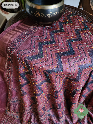 Zynah Madder Red Pure Tussar Silk Hand Block Print Ajrakh Saree With Hand Embroidery; Custom Stitched/Ready-made Blouse, Fall, Petticoat; SKU: 2409202511