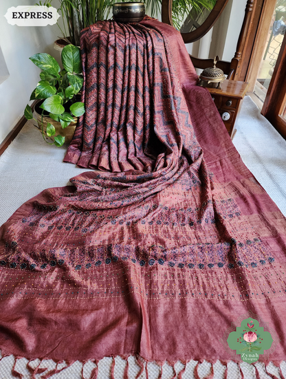 Zynah Madder Red Pure Tussar Silk Hand Block Print Ajrakh Saree With Hand Embroidery; Custom Stitched/Ready-made Blouse, Fall, Petticoat; SKU: 2409202511