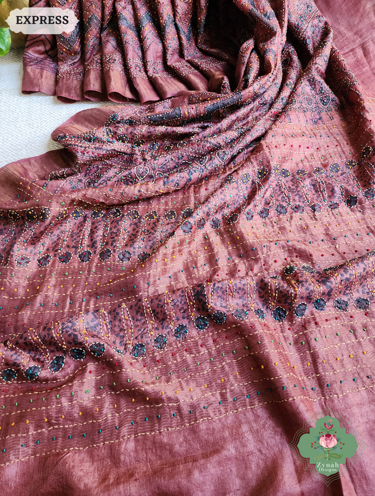 Zynah Madder Red Pure Tussar Silk Hand Block Print Ajrakh Saree With Hand Embroidery; Custom Stitched/Ready-made Blouse, Fall, Petticoat; SKU: 2409202511