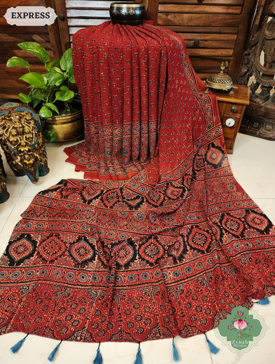 Zynah Madder Red Hand-Block Printed Georgette Silk Ajrakh Saree with Sequins Highlight; Custom Stitched/Ready-made Blouse, Fall, Petticoat; SKU: 1004202509
