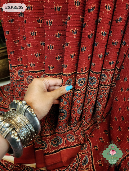 Zynah Madder Red Hand-Block Printed Georgette Silk Ajrakh Saree with Sequins Highlight; Custom Stitched/Ready-made Blouse, Fall, Petticoat; SKU: 1004202509