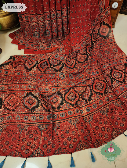 Zynah Madder Red Hand-Block Printed Georgette Silk Ajrakh Saree with Sequins Highlight; Custom Stitched/Ready-made Blouse, Fall, Petticoat; SKU: 1004202509