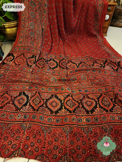 Zynah Madder Red Hand-Block Printed Georgette Silk Ajrakh Saree with Sequins Highlight; Custom Stitched/Ready-made Blouse, Fall, Petticoat; SKU: 1004202509