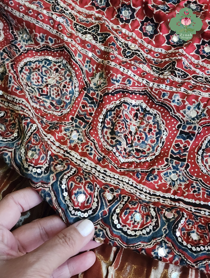 Zynah Kirmizi – Madder Red Pure Modal Silk Ajrakh Saree with Ajrakh Hand Block Printing & Artisan Adornments