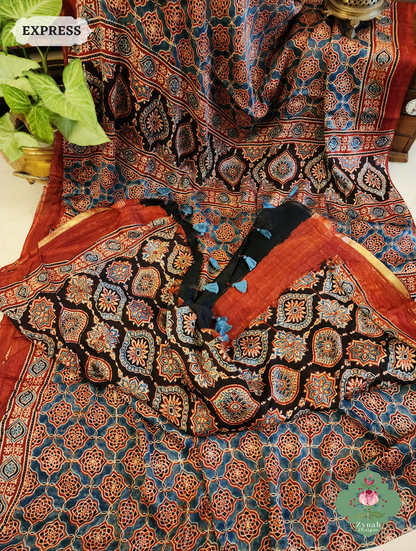Madder Ajrakh Red Modal Silk Saree Crafted Using The Traditional Method Of Hand Block Printing Using 100% Natural Dyes 11