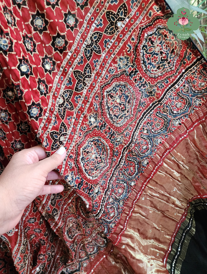 Zynah Kirmizi – Madder Red Pure Modal Silk Ajrakh Saree with Ajrakh Hand Block Printing & Artisan Adornments