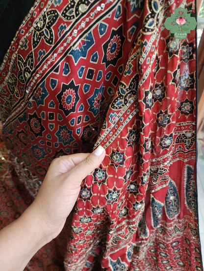 Zynah Kirmizi – Madder Red Pure Modal Silk Ajrakh Saree with Ajrakh Hand Block Printing & Artisan Adornments