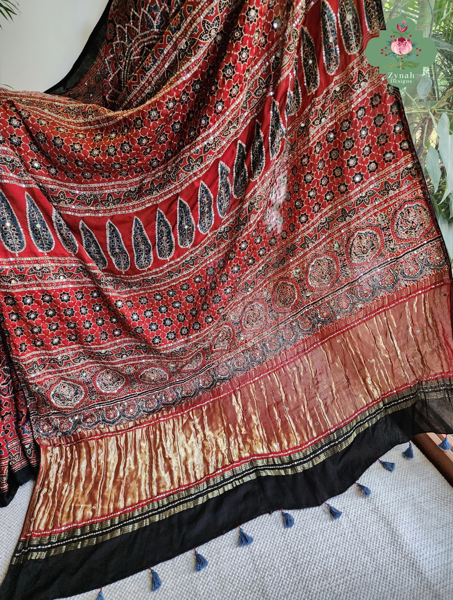 Zynah Kirmizi – Madder Red Pure Modal Silk Ajrakh Saree with Ajrakh Hand Block Printing & Artisan Adornments