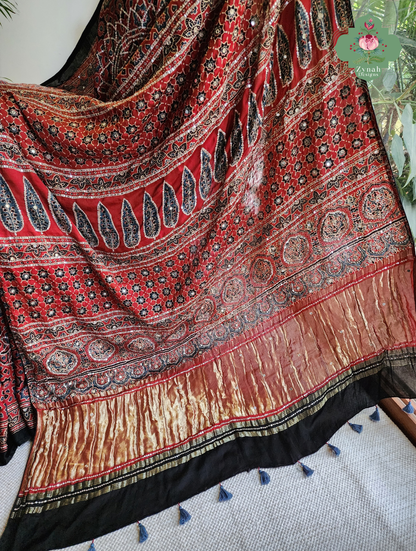 Zynah Kirmizi – Madder Red Pure Modal Silk Ajrakh Saree with Ajrakh Hand Block Printing & Artisan Adornments