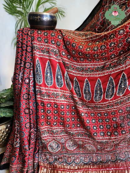 Zynah Kirmizi – Madder Red Pure Modal Silk Ajrakh Saree with Ajrakh Hand Block Printing & Artisan Adornments