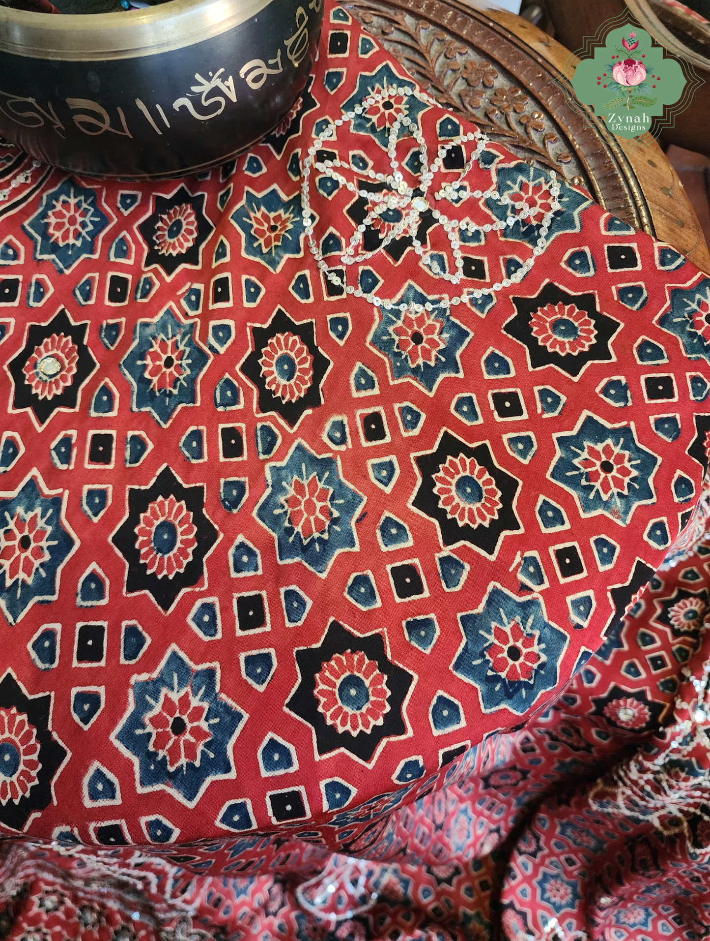 Zynah Kirmizi – Madder Red Pure Modal Silk Ajrakh Saree with Ajrakh Hand Block Printing & Artisan Adornments