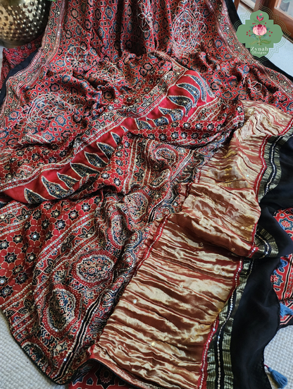 Zynah Kirmizi – Madder Red Pure Modal Silk Ajrakh Saree with Ajrakh Hand Block Printing & Artisan Adornments