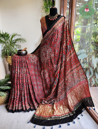 Zynah Made To Order Madder Red Ajrakh Modal Silk Saree With Lagdi Patta Pallu & Hand Embellishments; Custom Stitched/Ready-made Blouse, Fall, Petticoat; SKU:1103202603