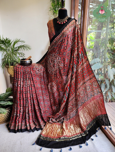 Zynah Made To Order Madder Red Ajrakh Modal Silk Saree With Lagdi Patta Pallu & Hand Embellishments; Custom Stitched/Ready-made Blouse, Fall, Petticoat; SKU:1103202603