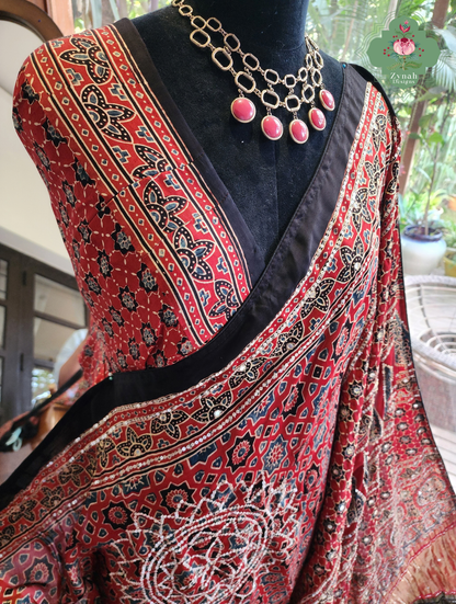 Zynah Kirmizi – Madder Red Pure Modal Silk Ajrakh Saree with Ajrakh Hand Block Printing & Artisan Adornments