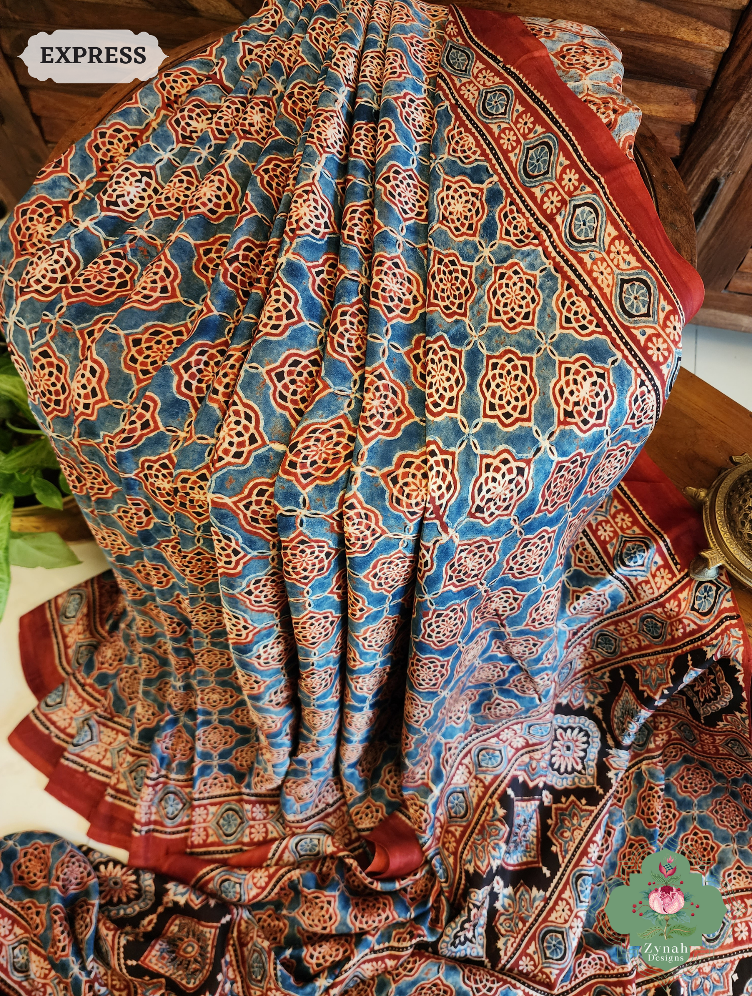 Madder Ajrakh Red Modal Silk Saree Crafted Using The Traditional Method Of Hand Block Printing Using 100% Natural Dyes 5