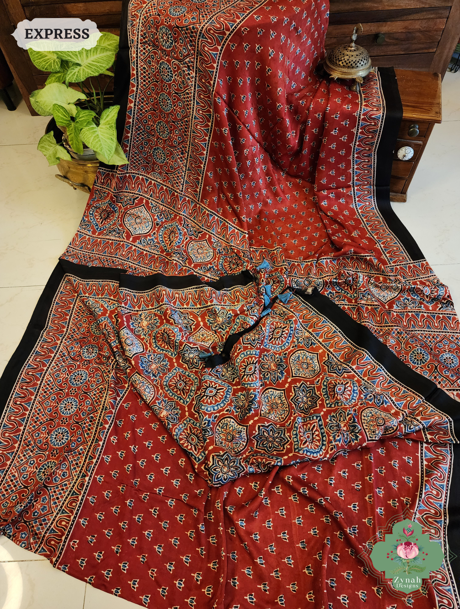 Madder Red Modal Silk Saree Crafted Using The Traditional Method Of Hand Block Printing Using 100% Natural Dyes 10