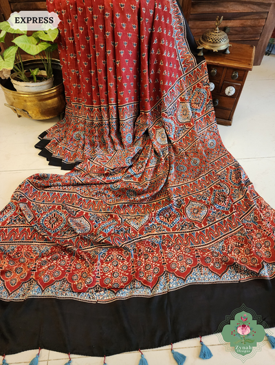 Madder Red Modal Silk Saree Crafted Using The Traditional Method Of Hand Block Printing Using 100% Natural Dyes 1