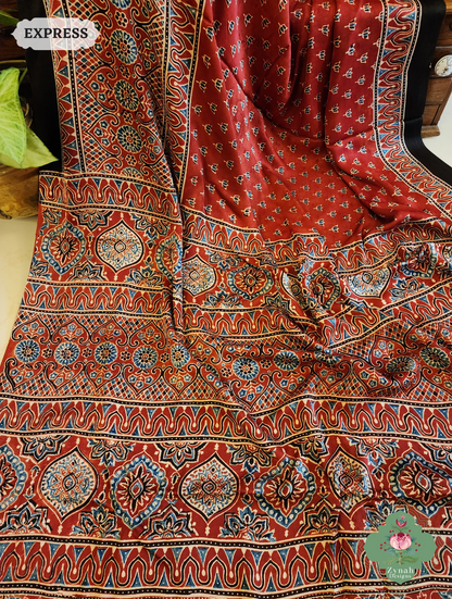 Madder Red Modal Silk Saree Crafted Using The Traditional Method Of Hand Block Printing Using 100% Natural Dyes 9