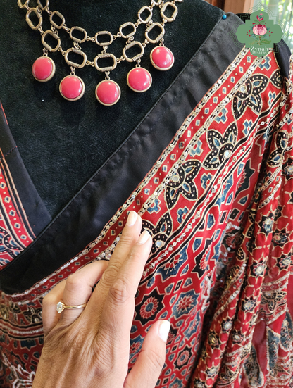 Zynah Kirmizi – Madder Red Pure Modal Silk Ajrakh Saree with Ajrakh Hand Block Printing & Artisan Adornments