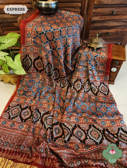 Madder Ajrakh Red Modal Silk Saree Crafted Using The Traditional Method Of Hand Block Printing Using 100% Natural Dyes 8