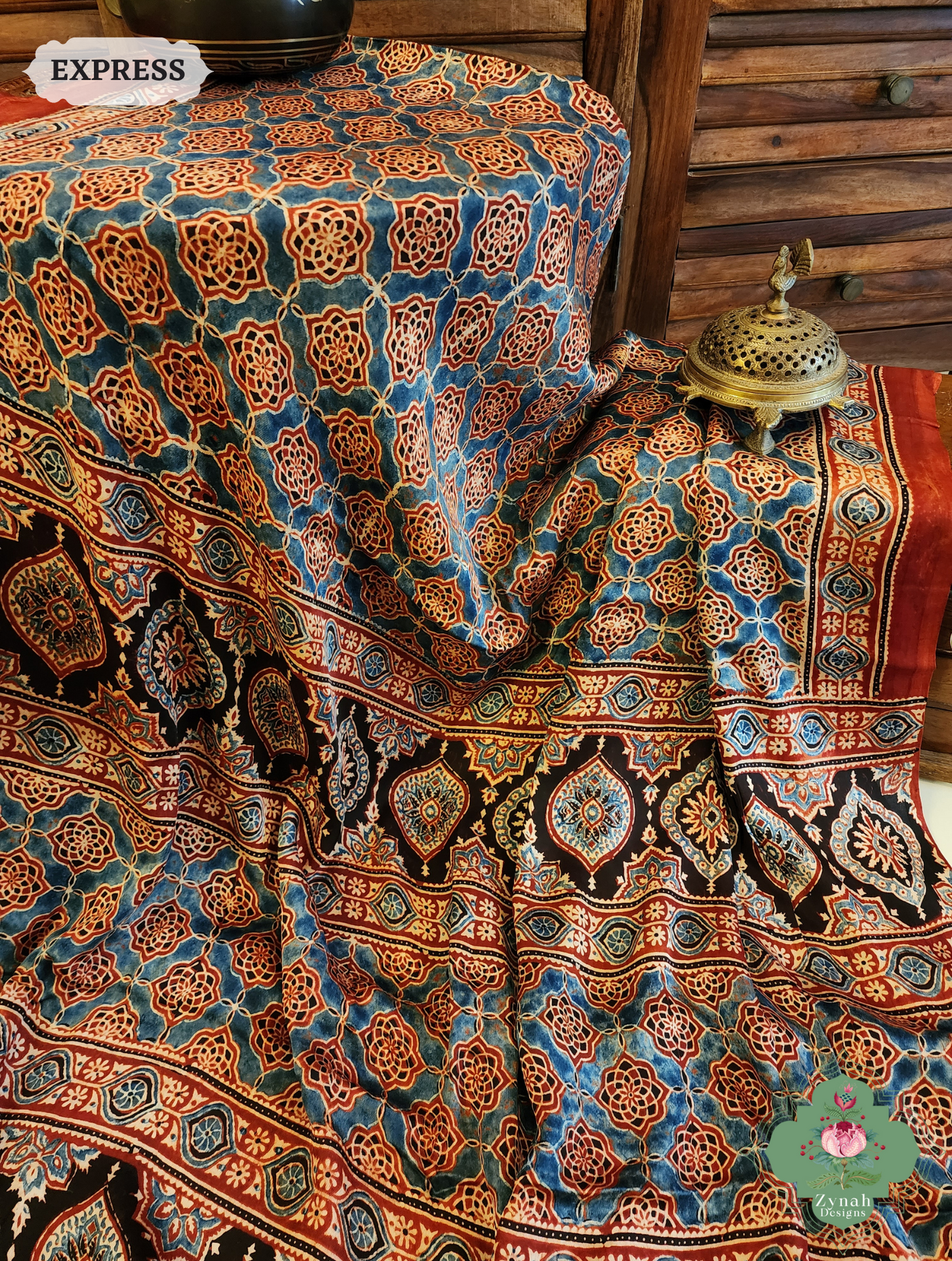 Madder Ajrakh Red Modal Silk Saree Crafted Using The Traditional Method Of Hand Block Printing Using 100% Natural Dyes 9