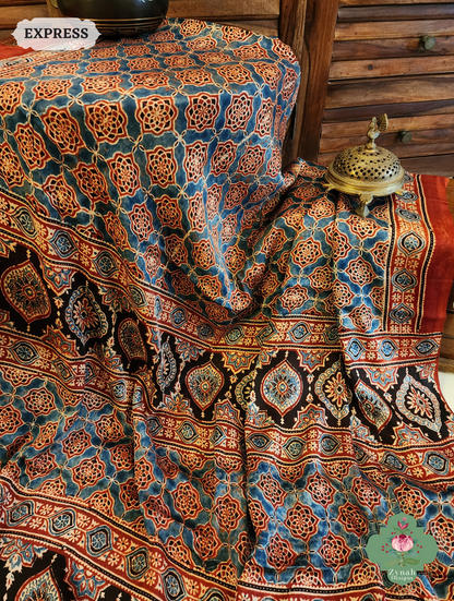 Madder Ajrakh Red Modal Silk Saree Crafted Using The Traditional Method Of Hand Block Printing Using 100% Natural Dyes 9
