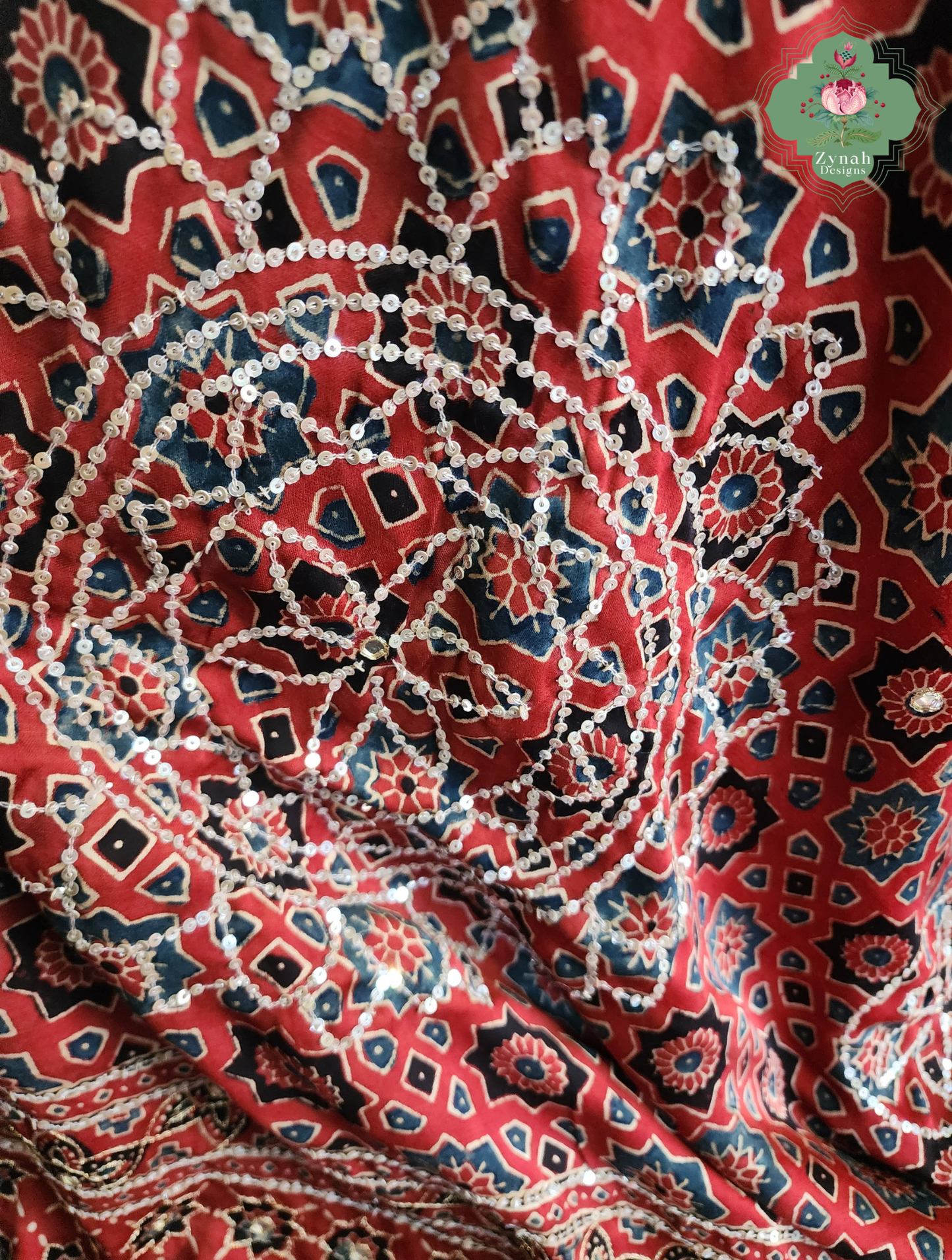 Zynah Kirmizi – Madder Red Pure Modal Silk Ajrakh Saree with Ajrakh Hand Block Printing & Artisan Adornments