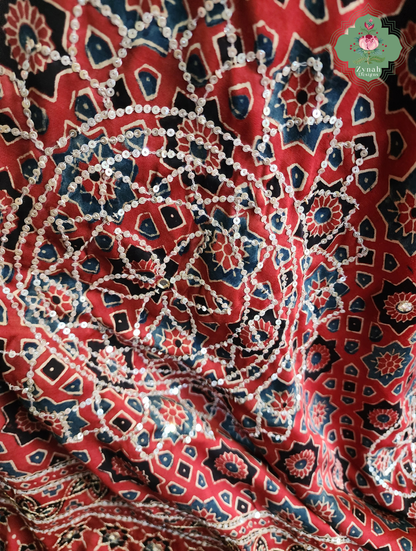 Zynah Kirmizi – Madder Red Pure Modal Silk Ajrakh Saree with Ajrakh Hand Block Printing & Artisan Adornments