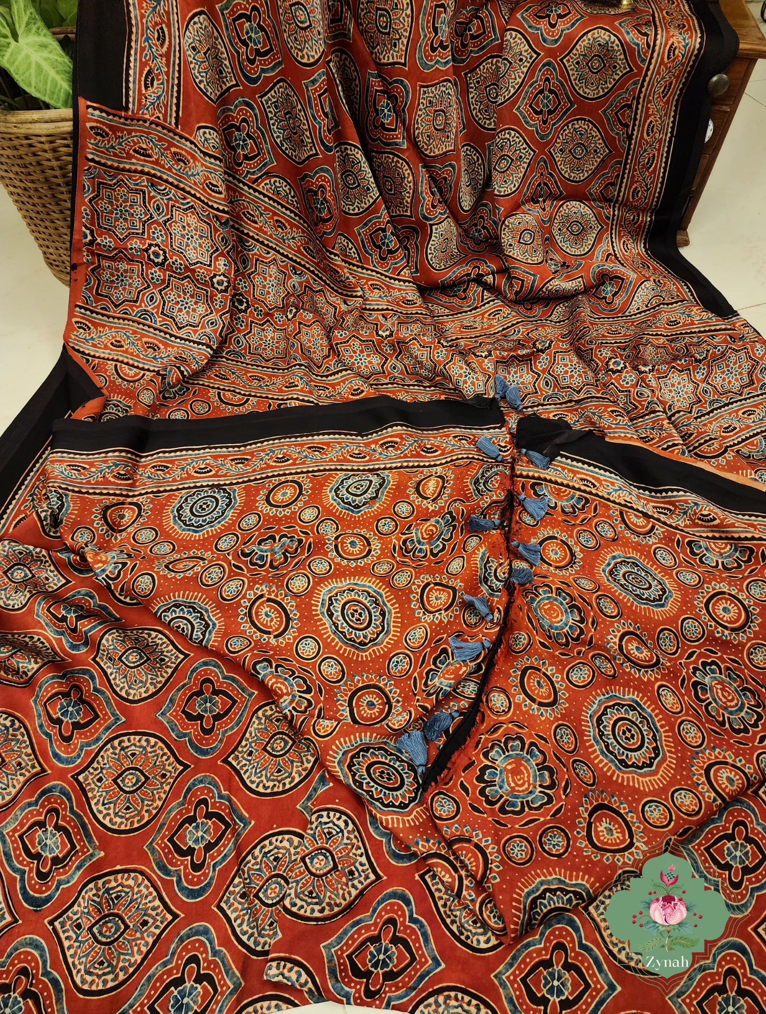 Madder Red Ajrakh Modal Silk Saree With Jharonka Motif Pallu 10