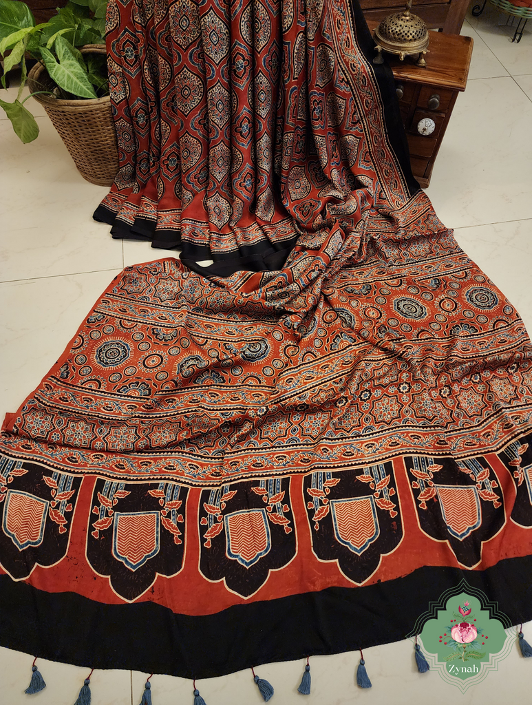 Madder Red Ajrakh Modal Silk Saree With Jharonka Motif Pallu 1 