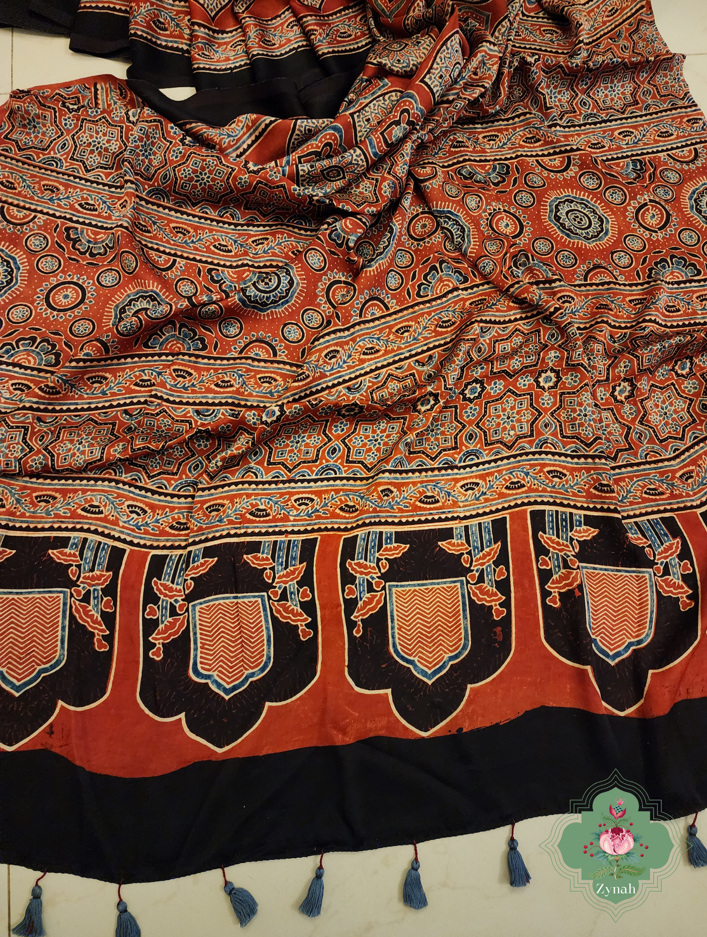 Madder Red Ajrakh Modal Silk Saree With Jharonka Motif Pallu 4