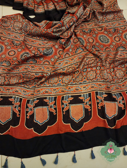 Madder Red Ajrakh Modal Silk Saree With Jharonka Motif Pallu 4