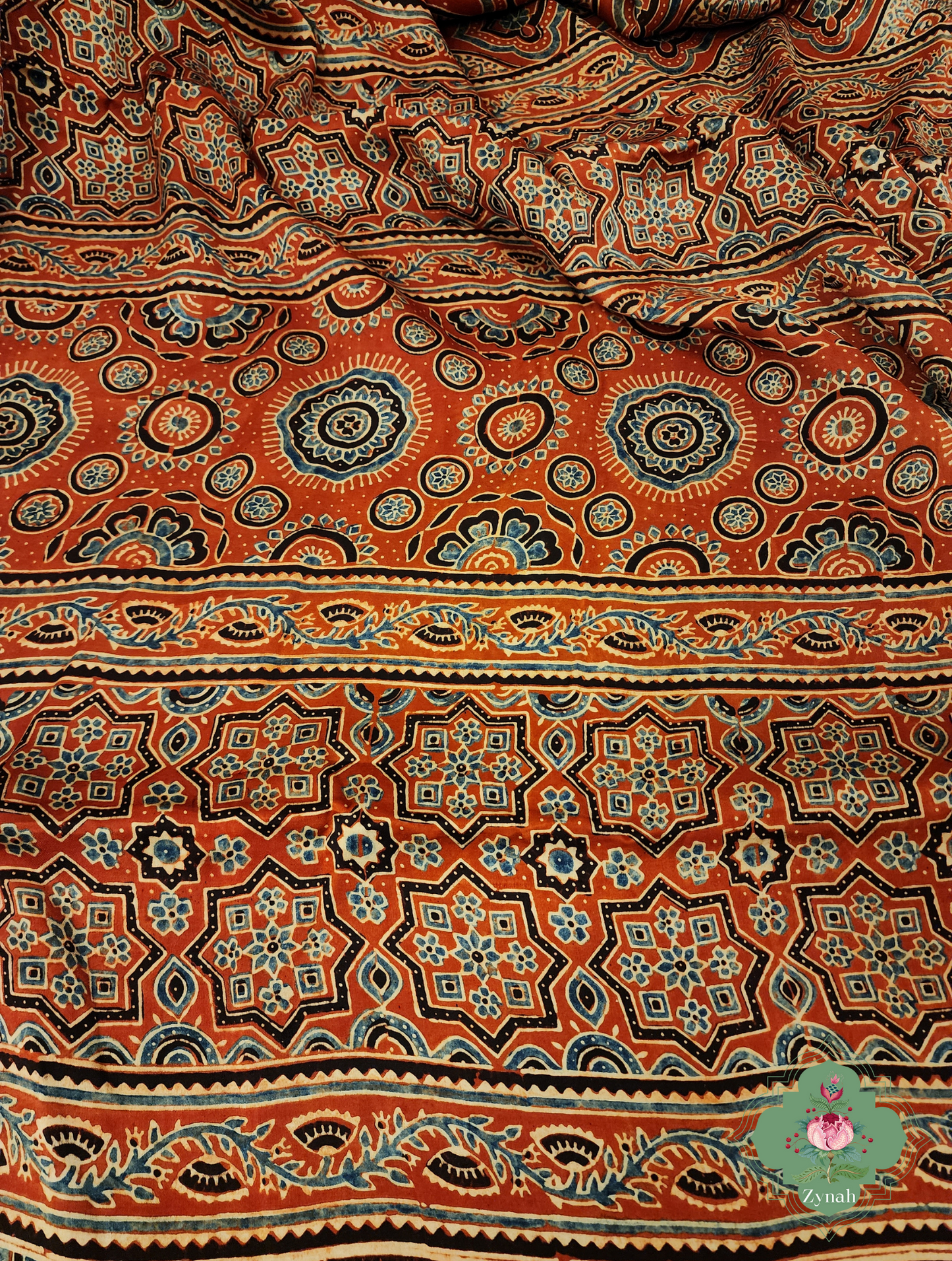 Madder Red Ajrakh Modal Silk Saree With Jharonka Motif Pallu 8