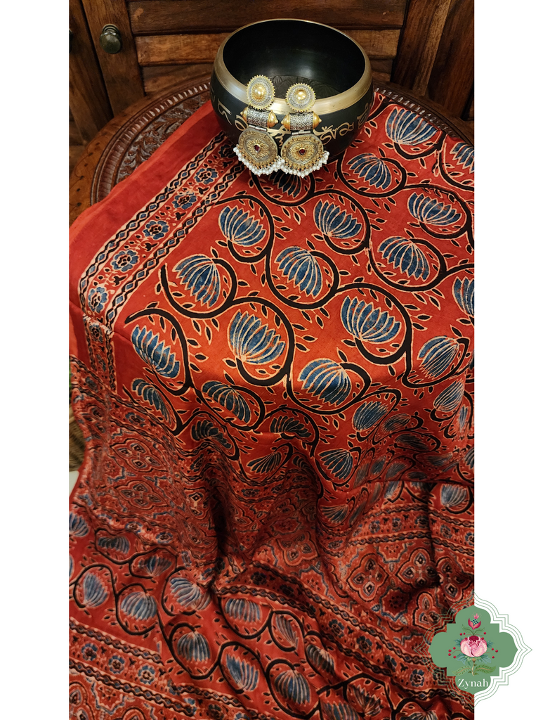 Madder Red Ajrakh Modal Silk Saree With Lagdi Patta Pallu 10