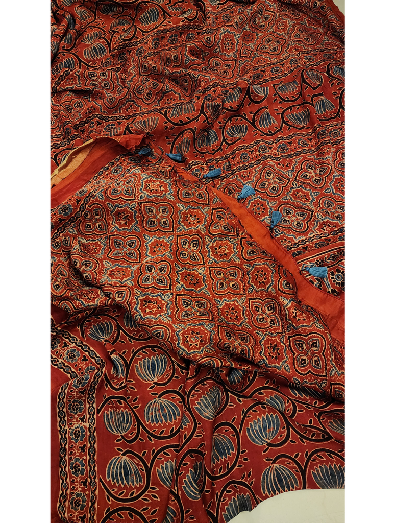 Zynah Madder Red Ajrakh Modal Silk Saree With Lagdi Patta Pallu, Crafted Using The Traditional Method Of Hand Block Printing Using 100% Natural Dyes; Custom Stitched/Ready-made Blouse, Fall, Petticoat; SKU: 2001202401