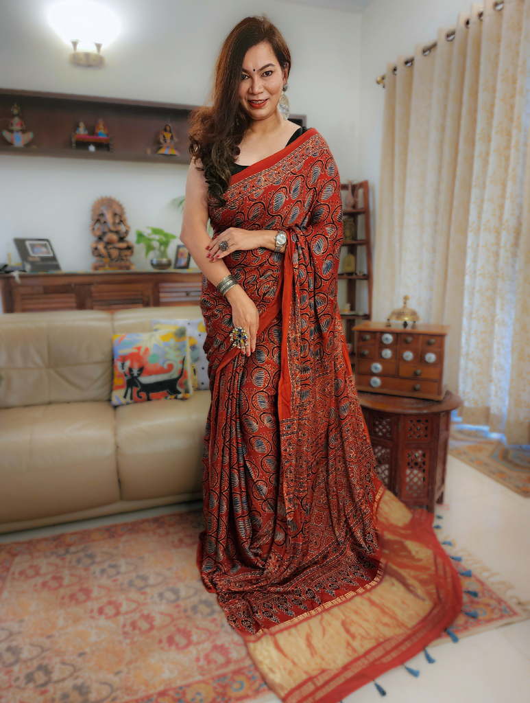 Madder Red Ajrakh Modal Silk Saree With Lagdi Patta Pallu 1