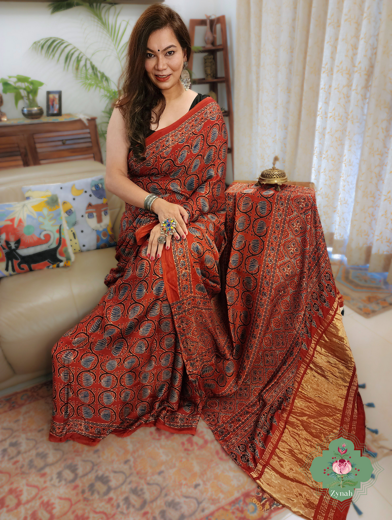 Madder Red Ajrakh Modal Silk Saree With Lagdi Patta Pallu 3