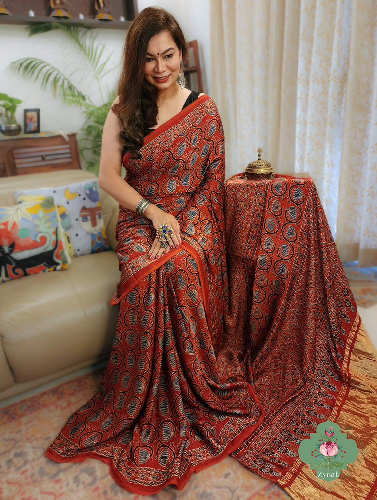 Madder Red Ajrakh Modal Silk Saree With Lagdi Patta Pallu 4