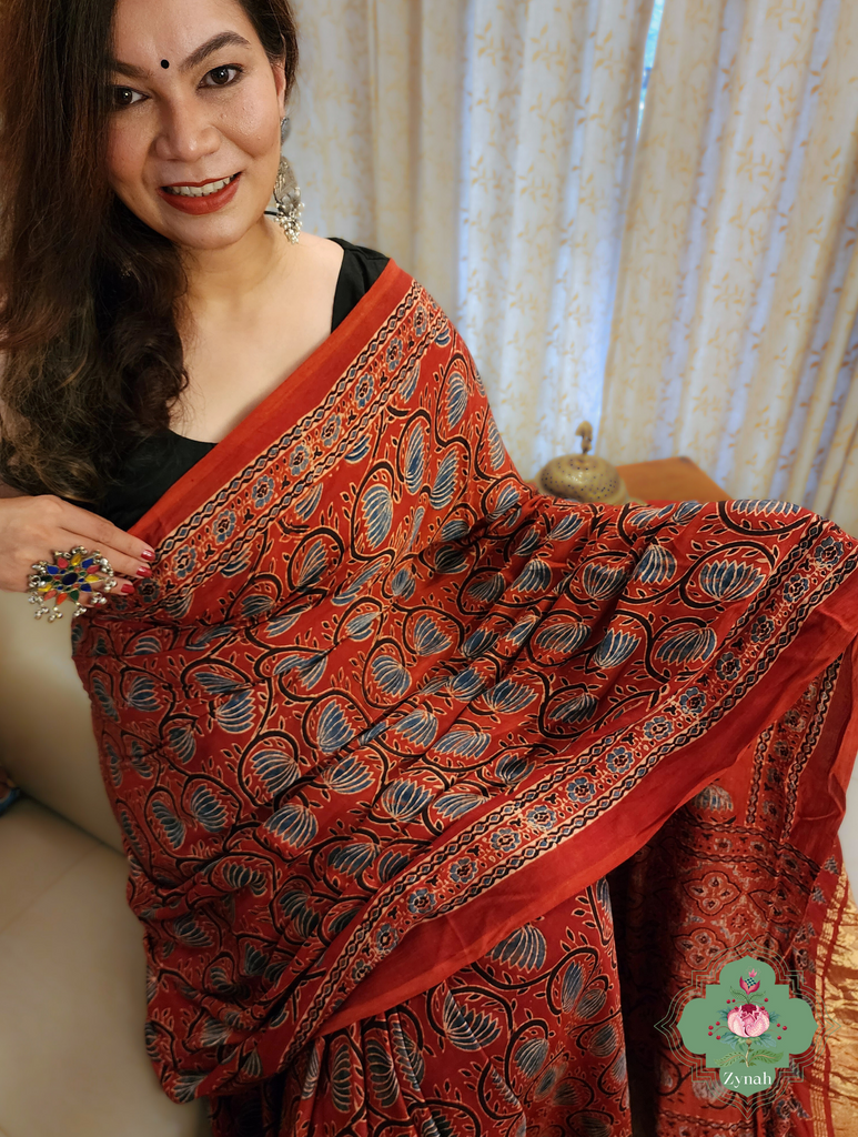 Madder Red Ajrakh Modal Silk Saree With Lagdi Patta Pallu 5