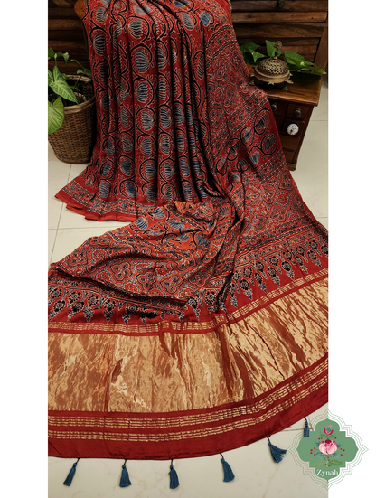 Madder Red Ajrakh Modal Silk Saree With Lagdi Patta Pallu 6