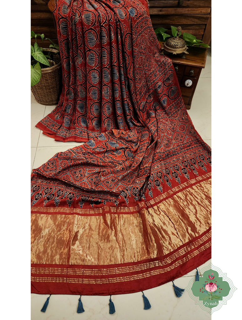 Madder Red Ajrakh Modal Silk Saree With Lagdi Patta Pallu 6