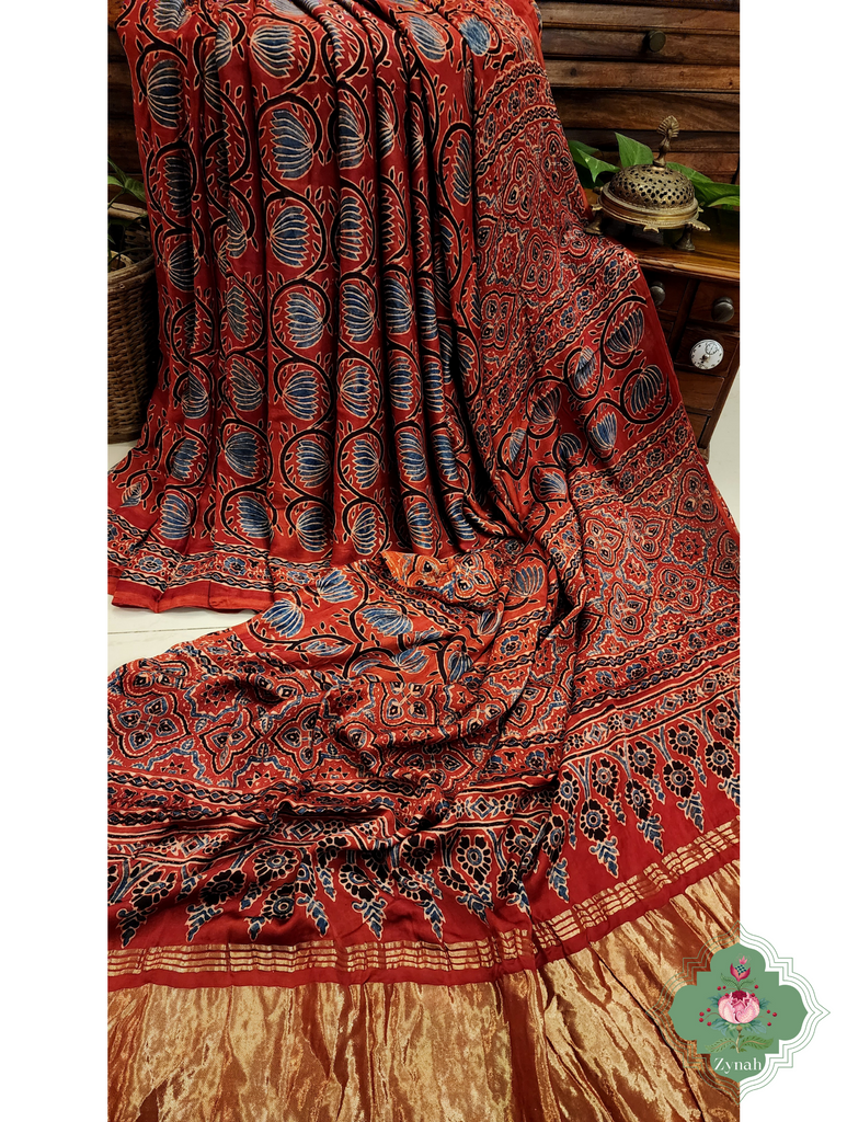 Madder Red Ajrakh Modal Silk Saree With Lagdi Patta Pallu 7