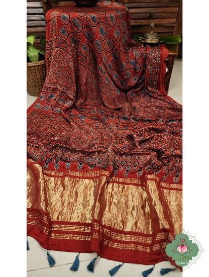 Madder Red Ajrakh Modal Silk Saree With Lagdi Patta Pallu 8