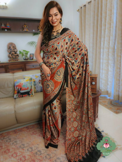 Madder Red Ajrakh Modal Silk Saree With Skirt Border 1