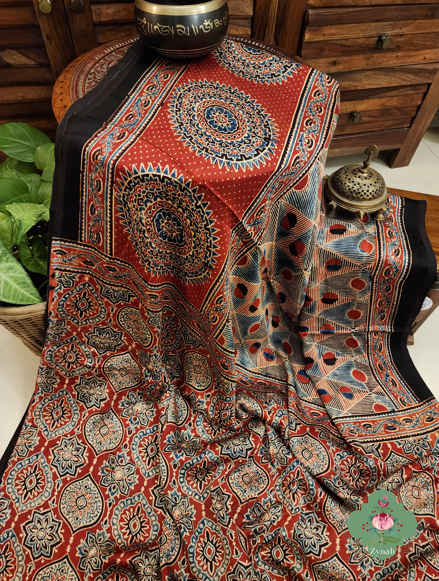 Madder Red Ajrakh Modal Silk Saree With Skirt Border 10