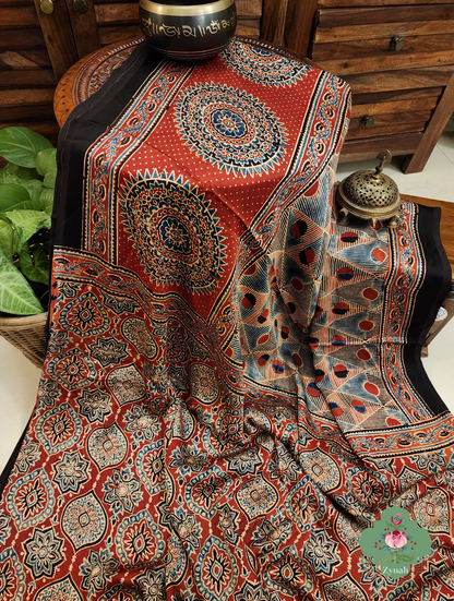 Madder Red Ajrakh Modal Silk Saree With Skirt Border 10